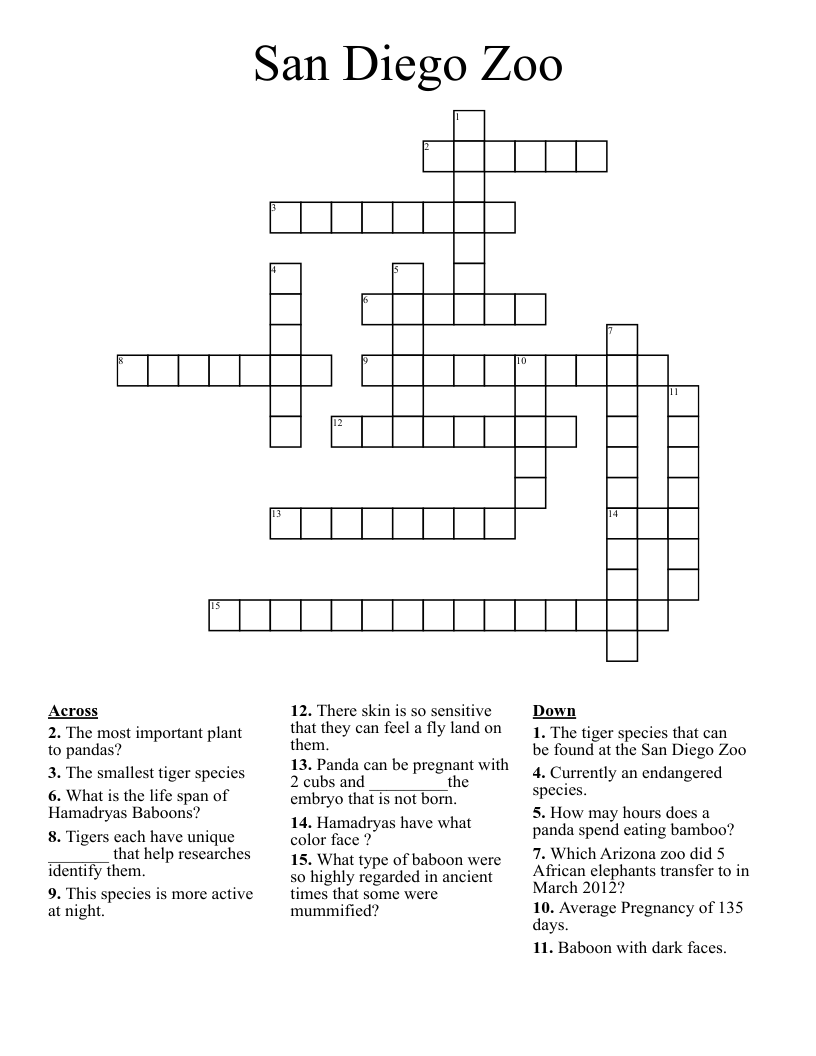 San Diego Zoo Crossword