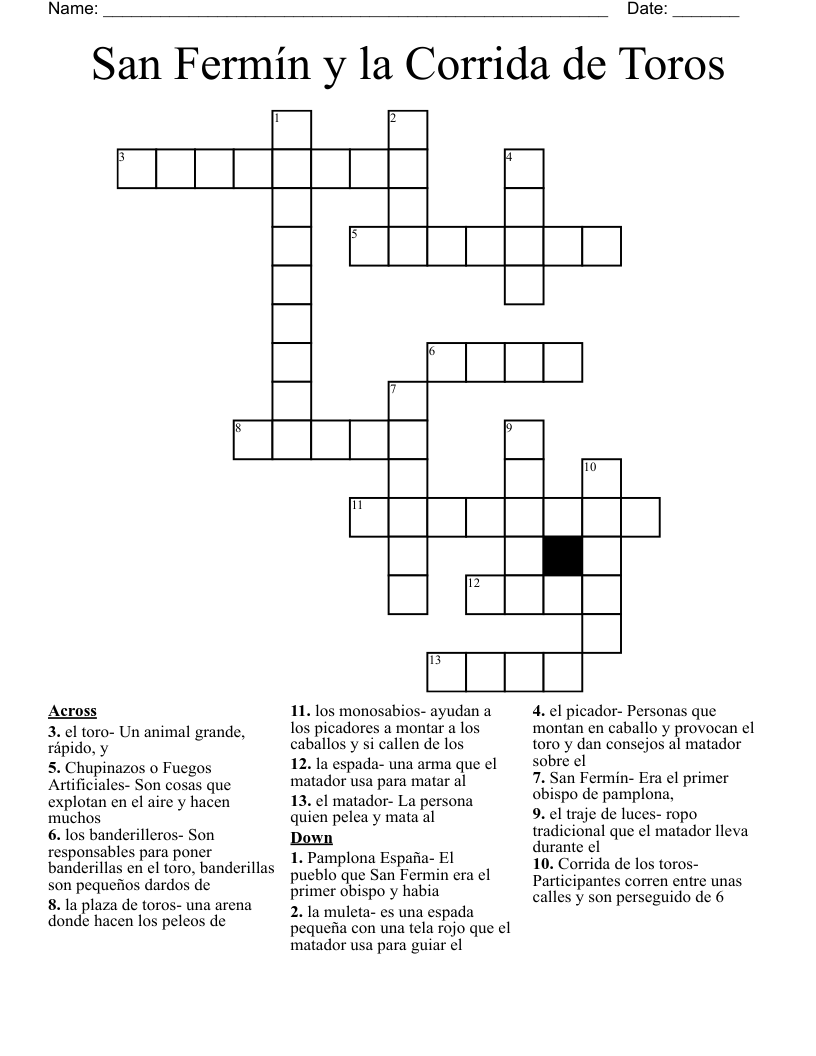 San Fermín y la Corrida de Toros  Crossword