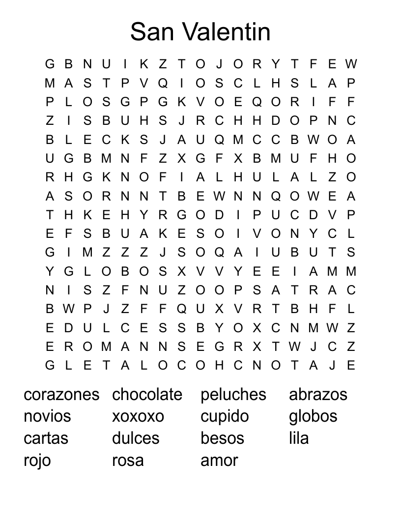 San Valentin Word Search