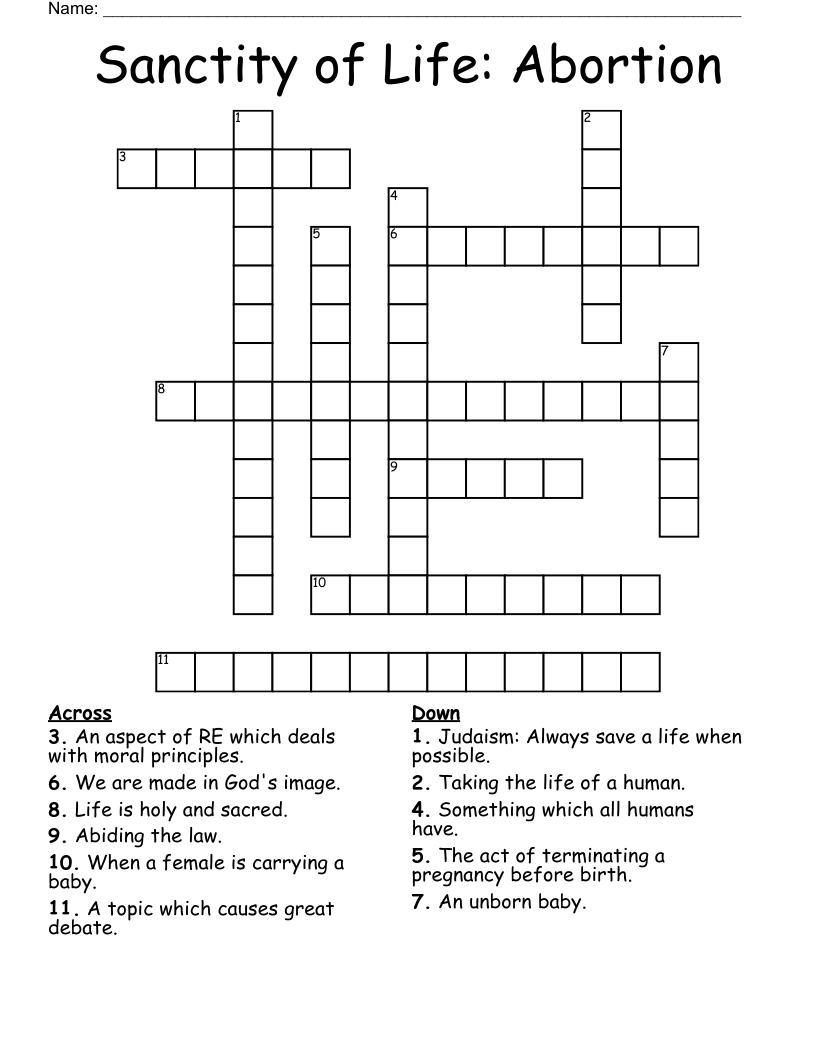 Sanctity of Life: Abortion Crossword