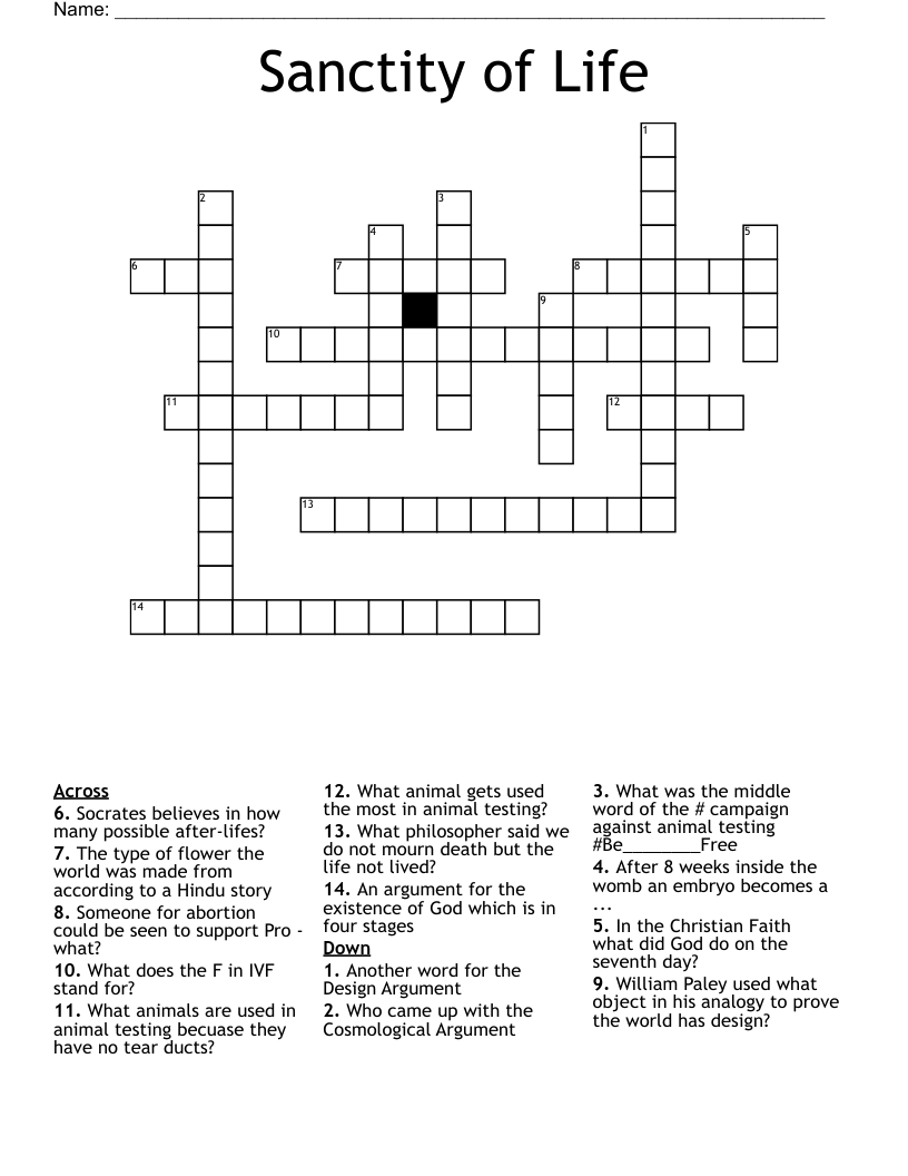 Sanctity of Life  Crossword