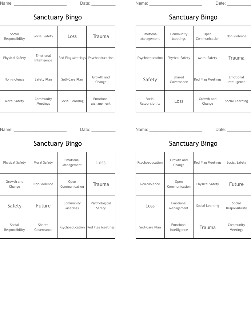 Sanctuary Bingo