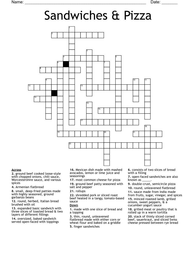 Sandwiches & Pizza Crossword