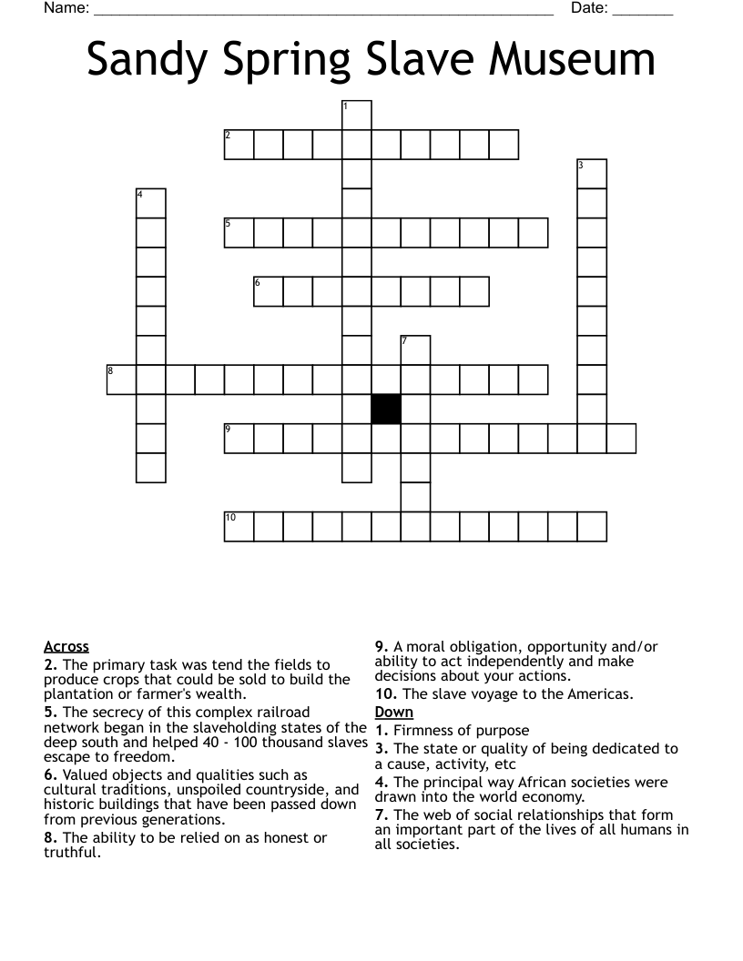 Sandy Spring Slave Museum Crossword