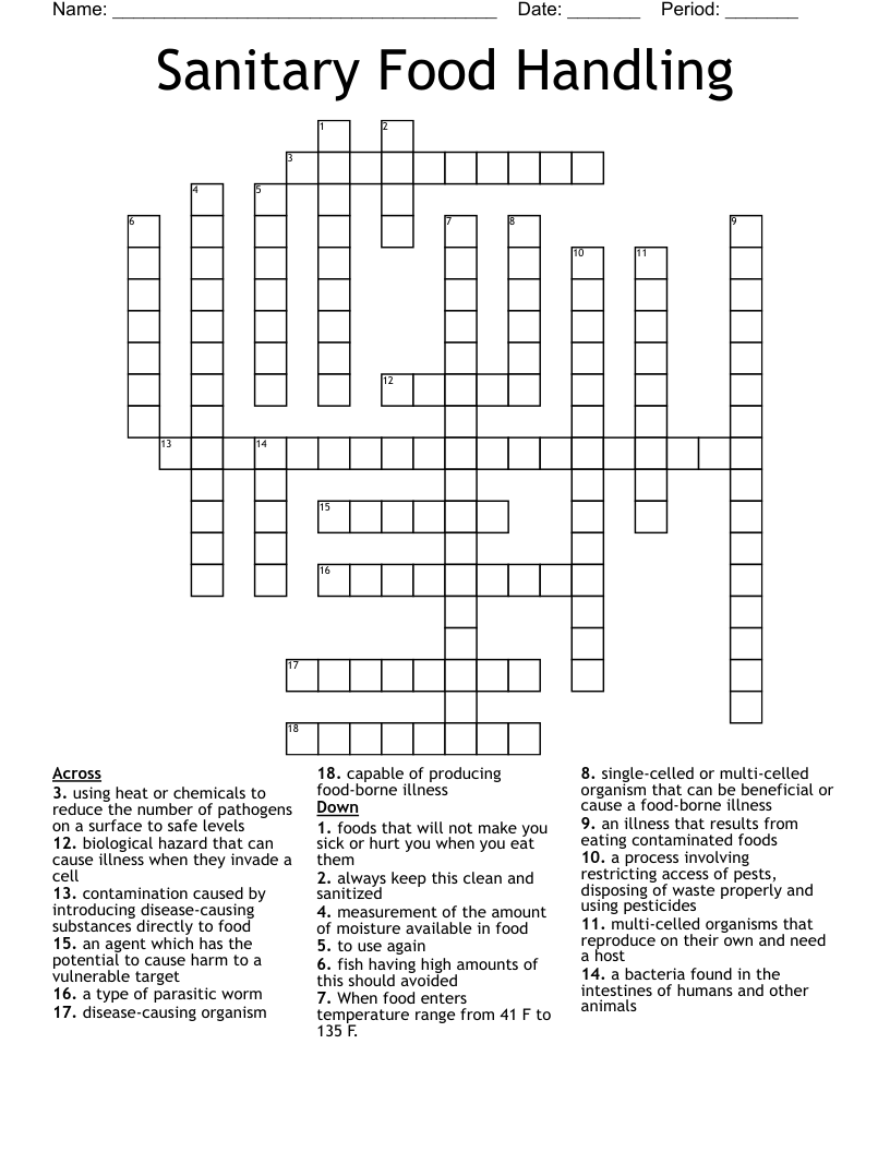 Sanitary Food Handling Crossword