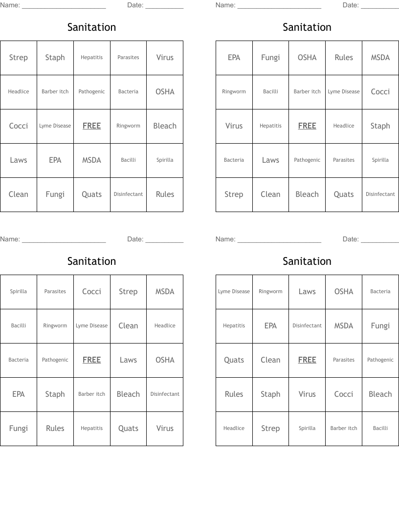 Sanitation Bingo Cards