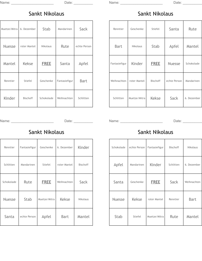 Sankt Nikolaus Bingo Cards
