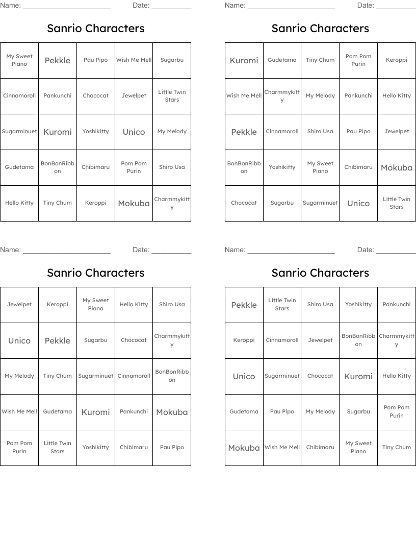 Sanrio Characters Bingo Cards