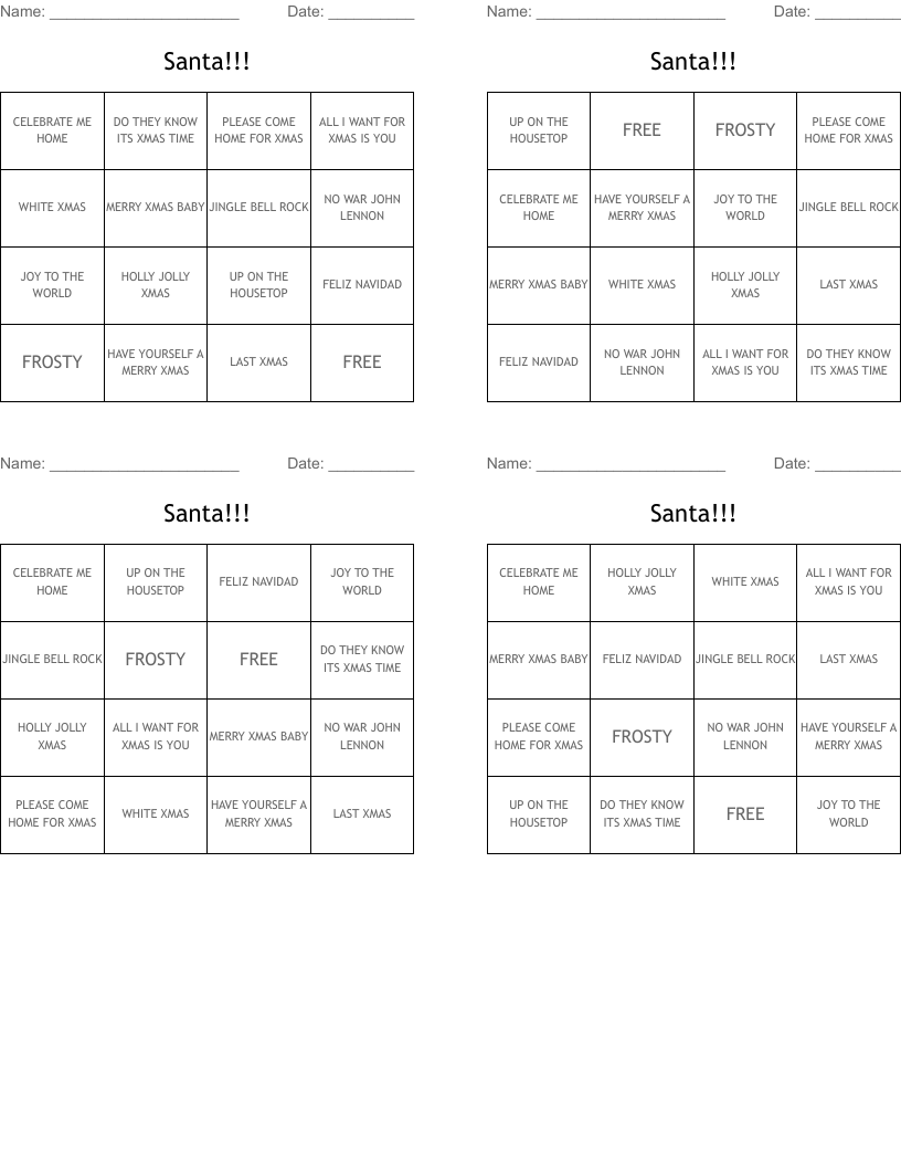 Santa!!! Bingo Cards