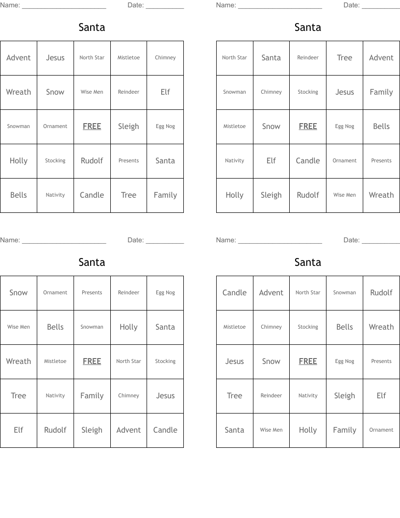 Santa Bingo Cards
