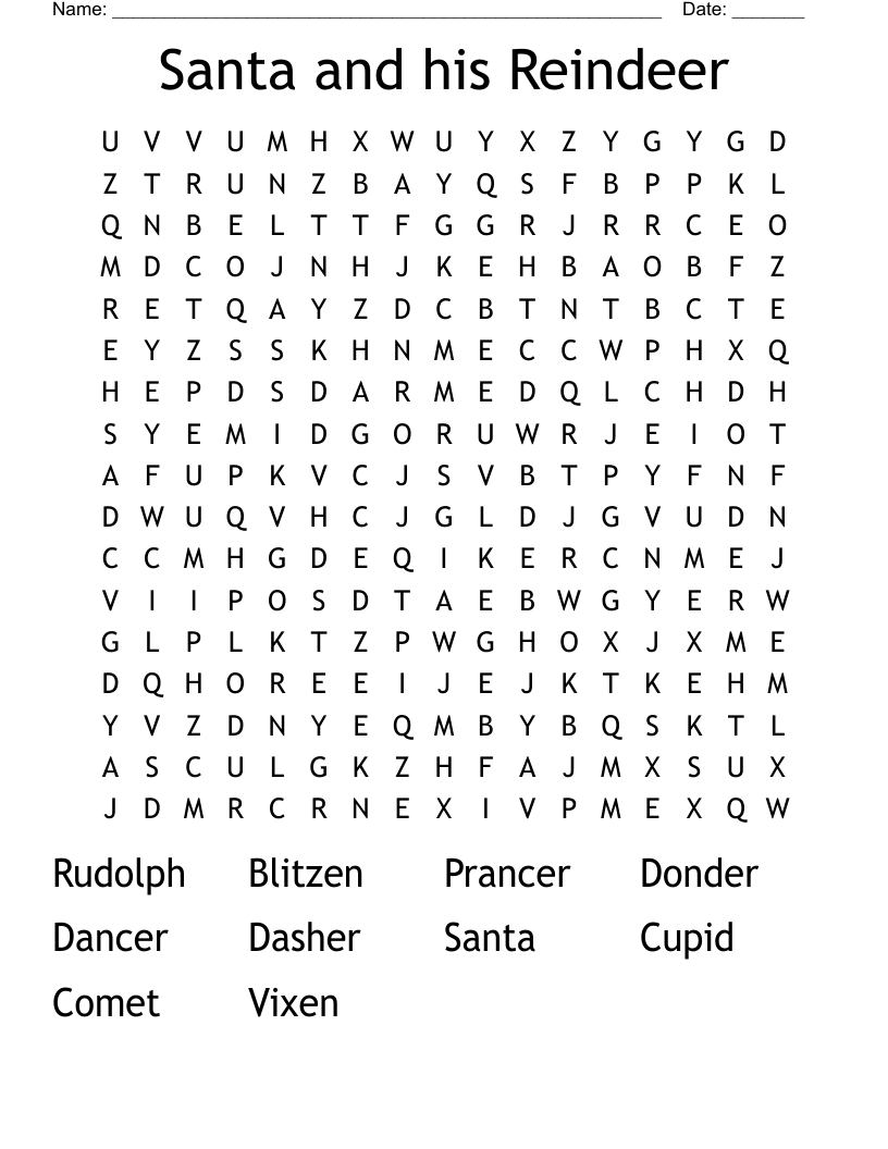 Santa and his Reindeer Word Search