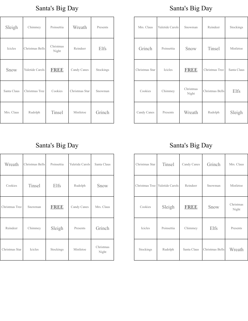 Santa's Big Day Bingo Cards