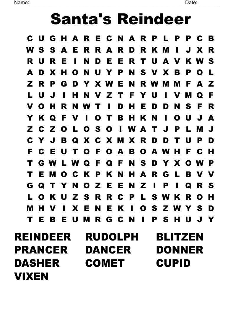 Santa's Reindeer Word Search