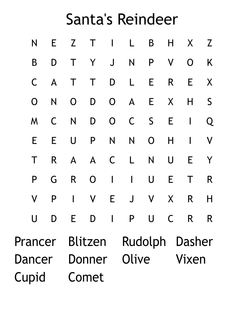 Santa's Reindeer Word Search