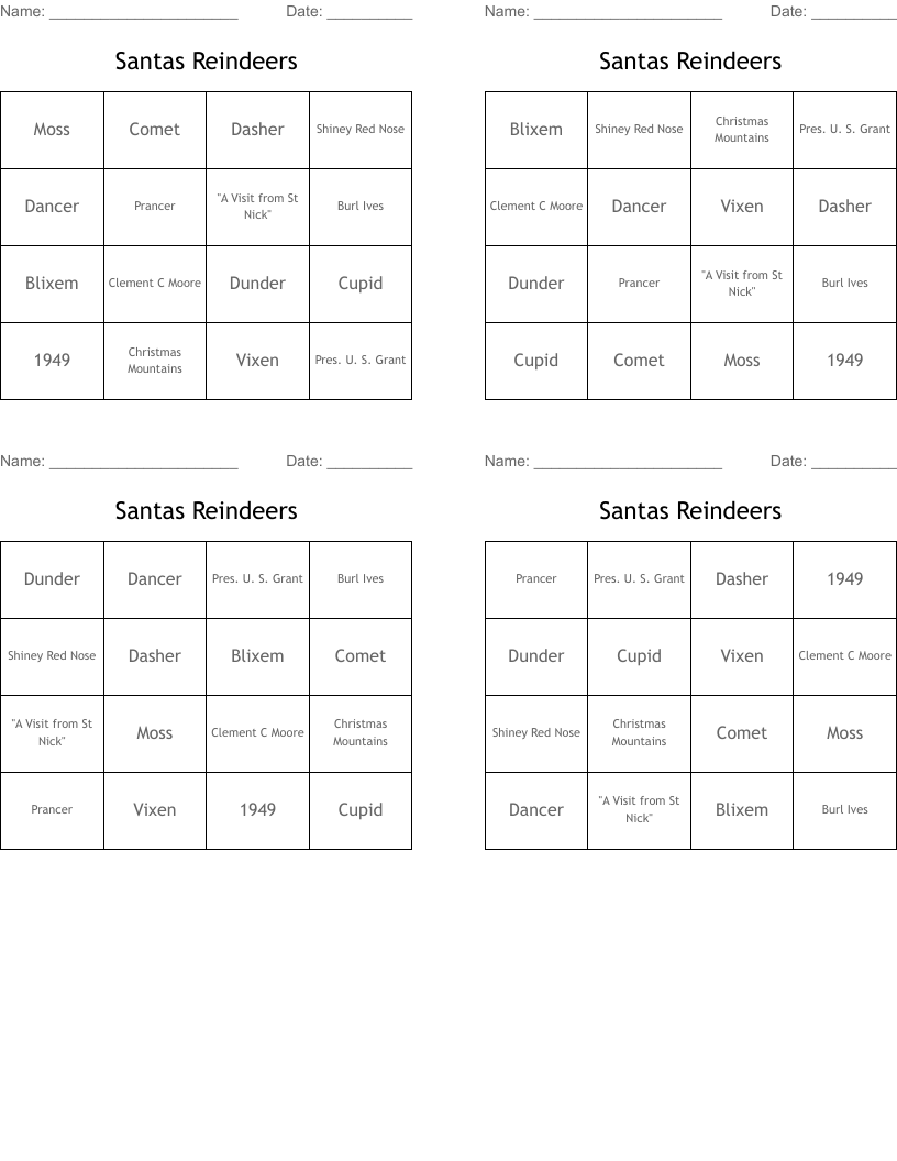 Santas Reindeers Bingo Cards
