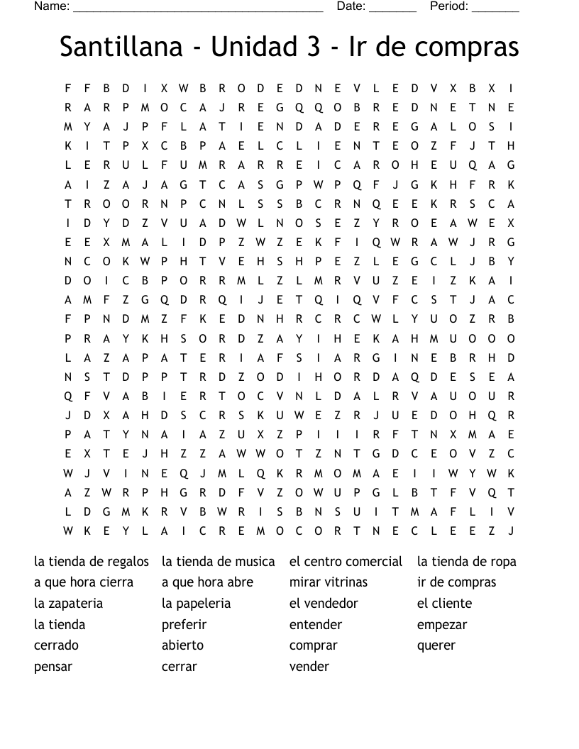 Santillana - Unidad 3 - Ir de compras Word Search