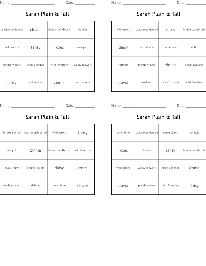 Sarah Plain & Tall Bingo Cards