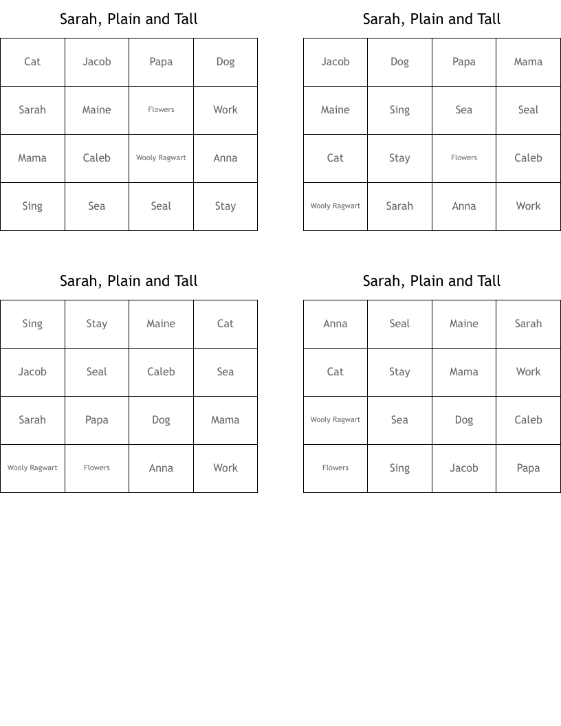 Sarah, Plain and Tall Bingo Cards