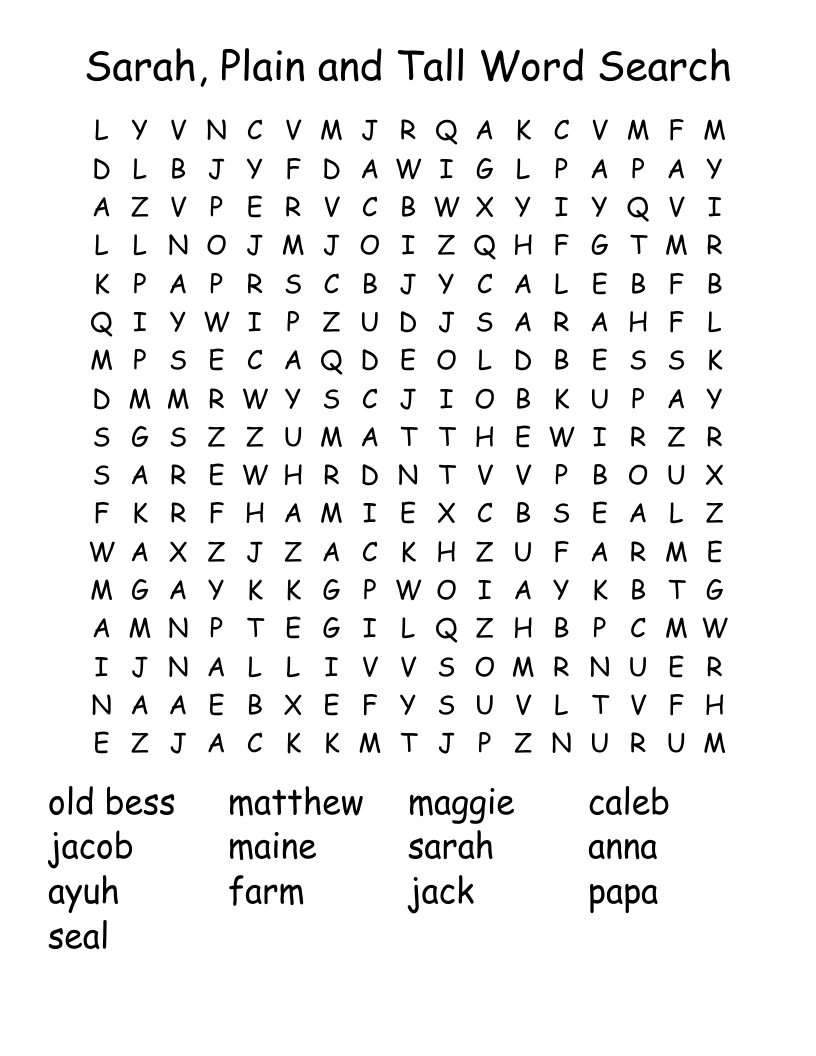 Sarah, Plain and Tall Word Search