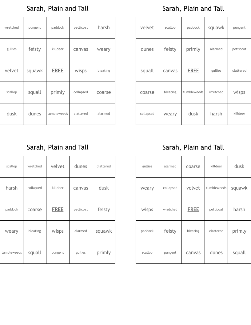 Sarah, Plain and Tall  Bingo Cards