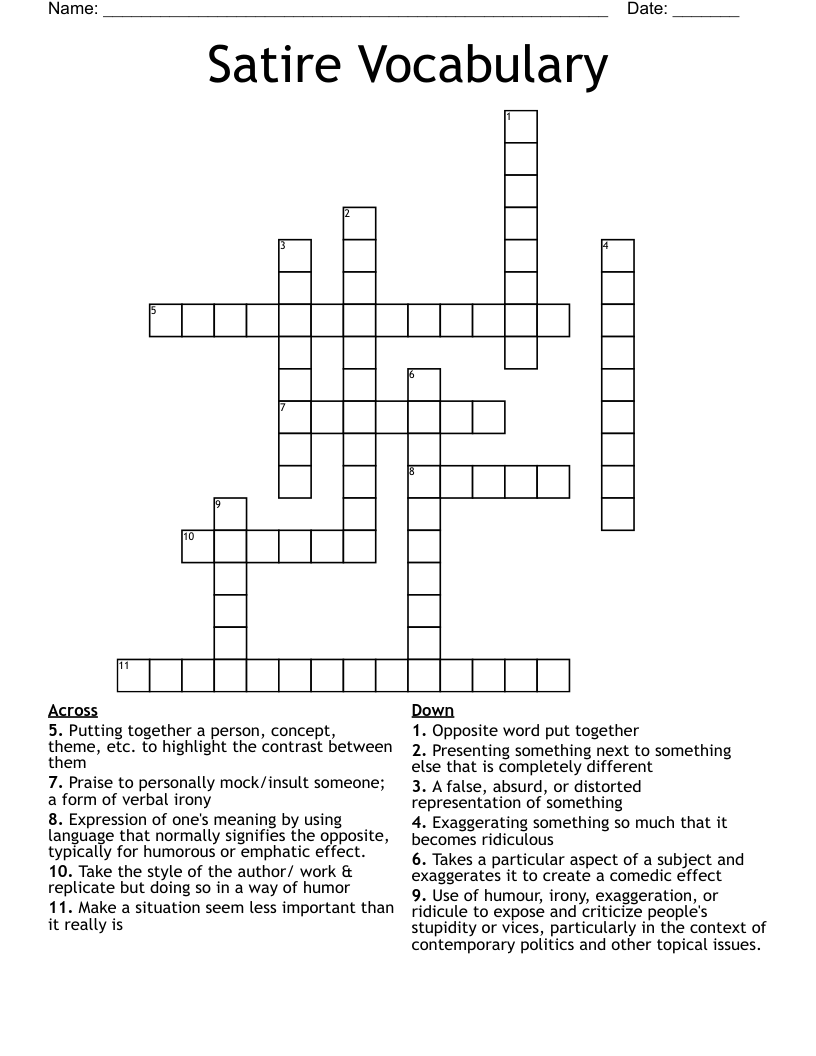 Satire Vocabulary Crossword