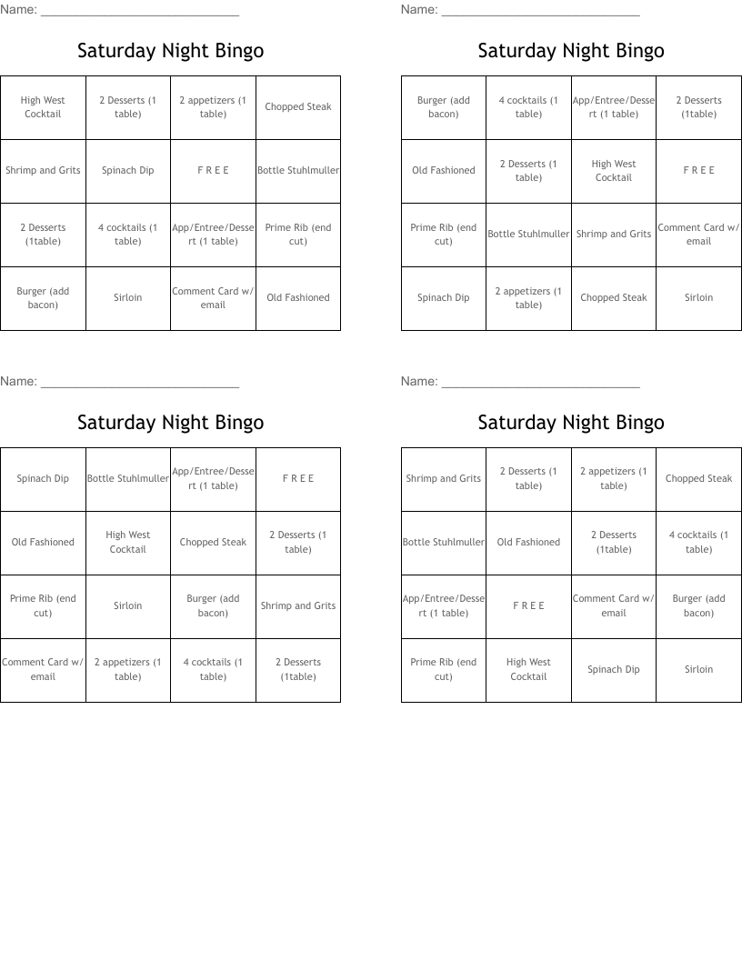 Saturday Night Bingo