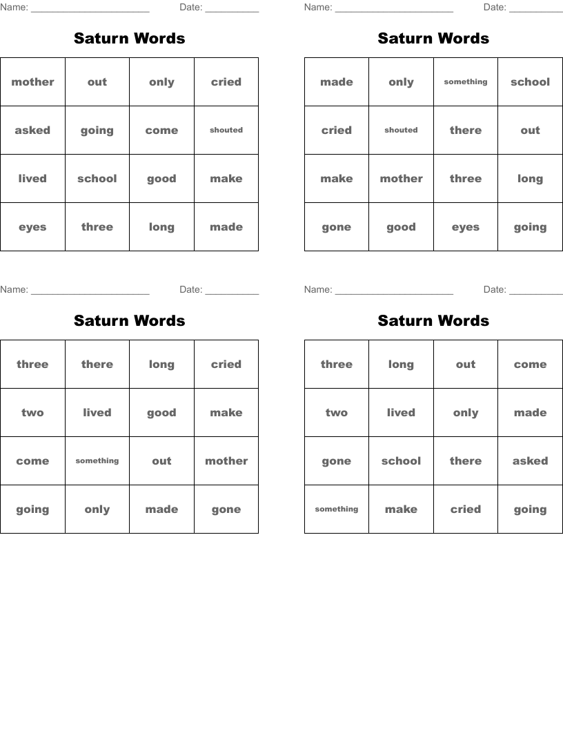 Saturn Words Bingo Cards