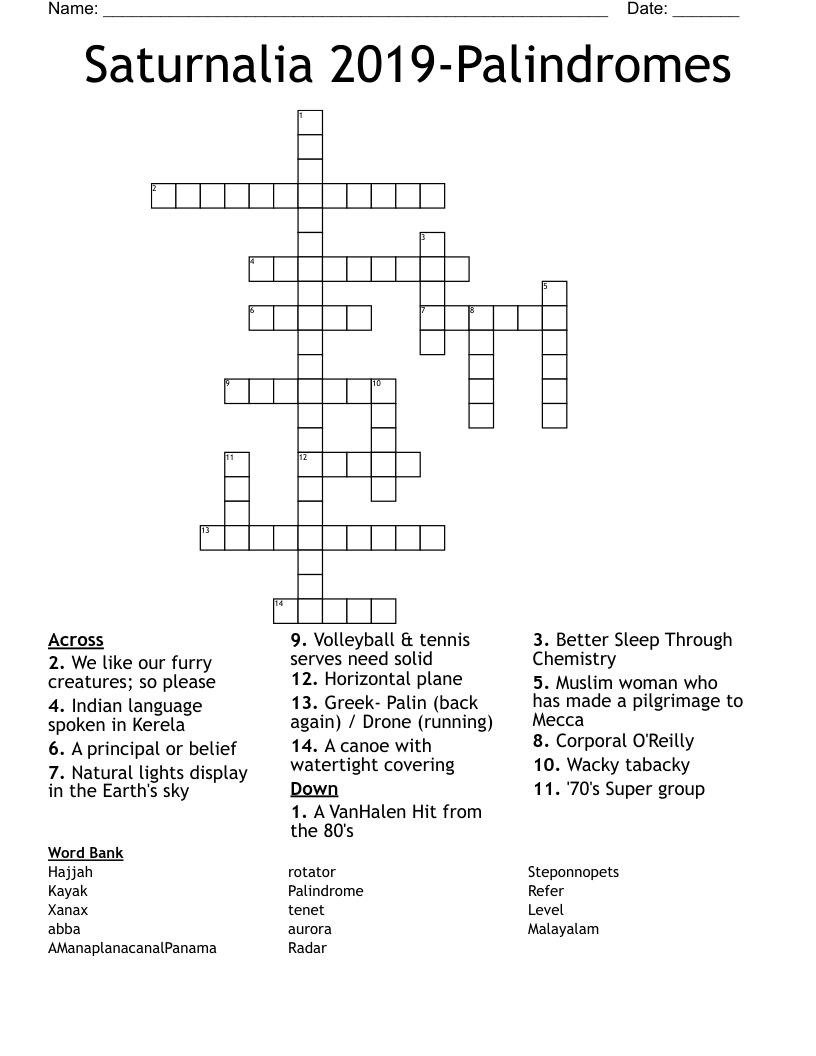 Saturnalia 2019-Palindromes Crossword