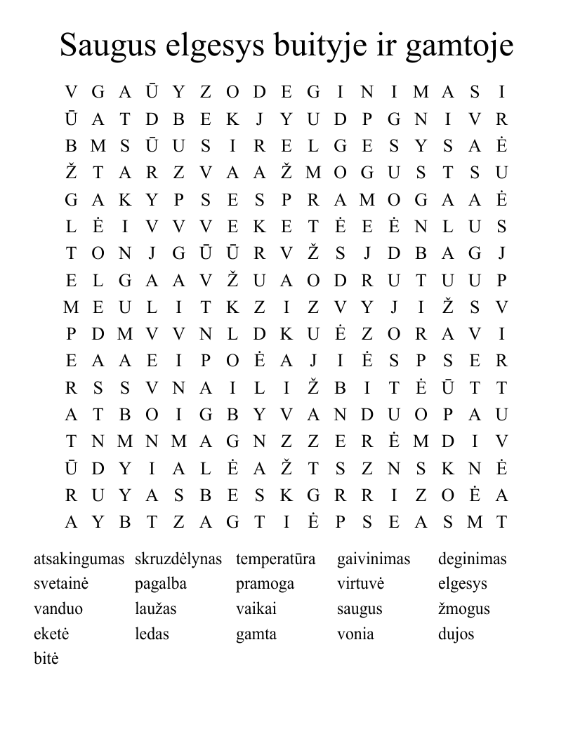 Saugus elgesys buityje ir gamtoje Word Search