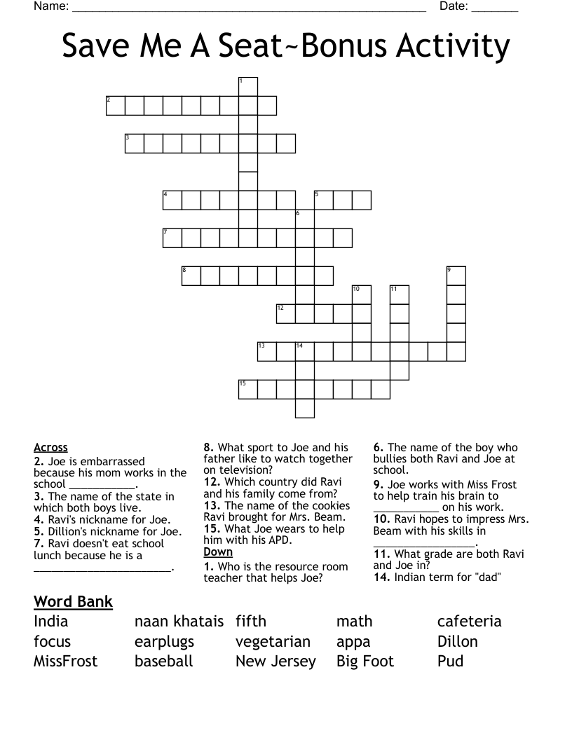 Save Me A Seat~Bonus Activity Crossword