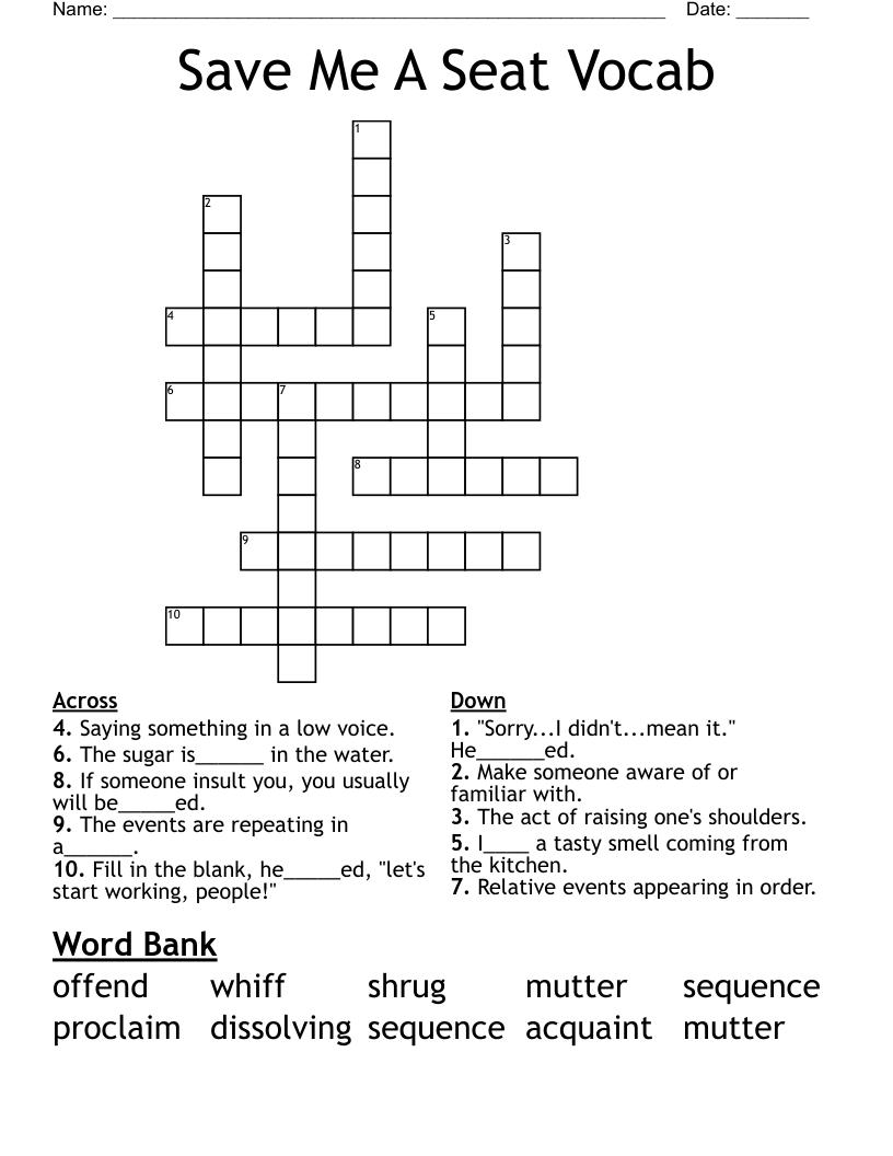 Save Me A Seat Vocab Crossword