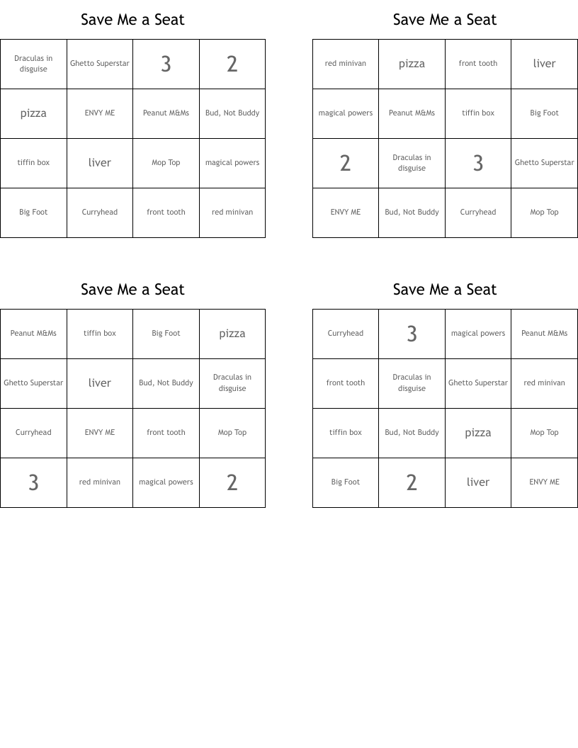Save Me a Seat Bingo Cards