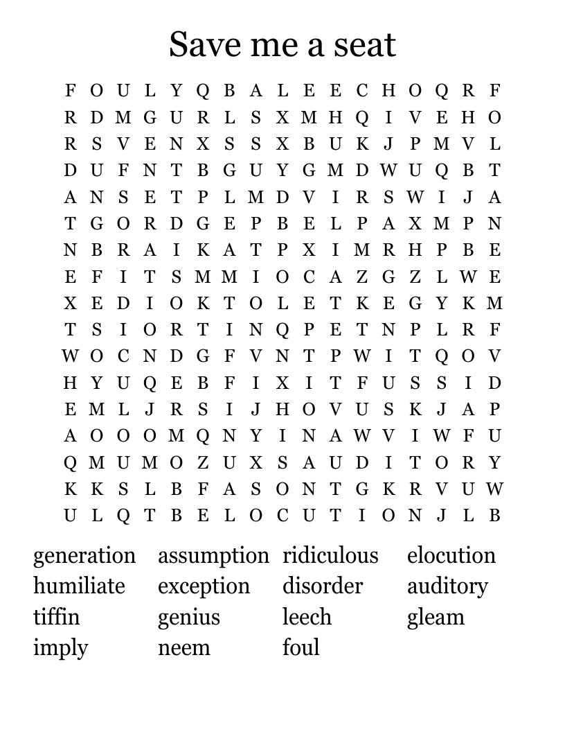 Save me a seat Word Search