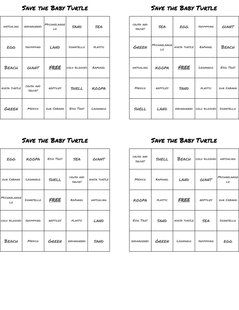 Save the Baby Turtle  Bingo Cards
