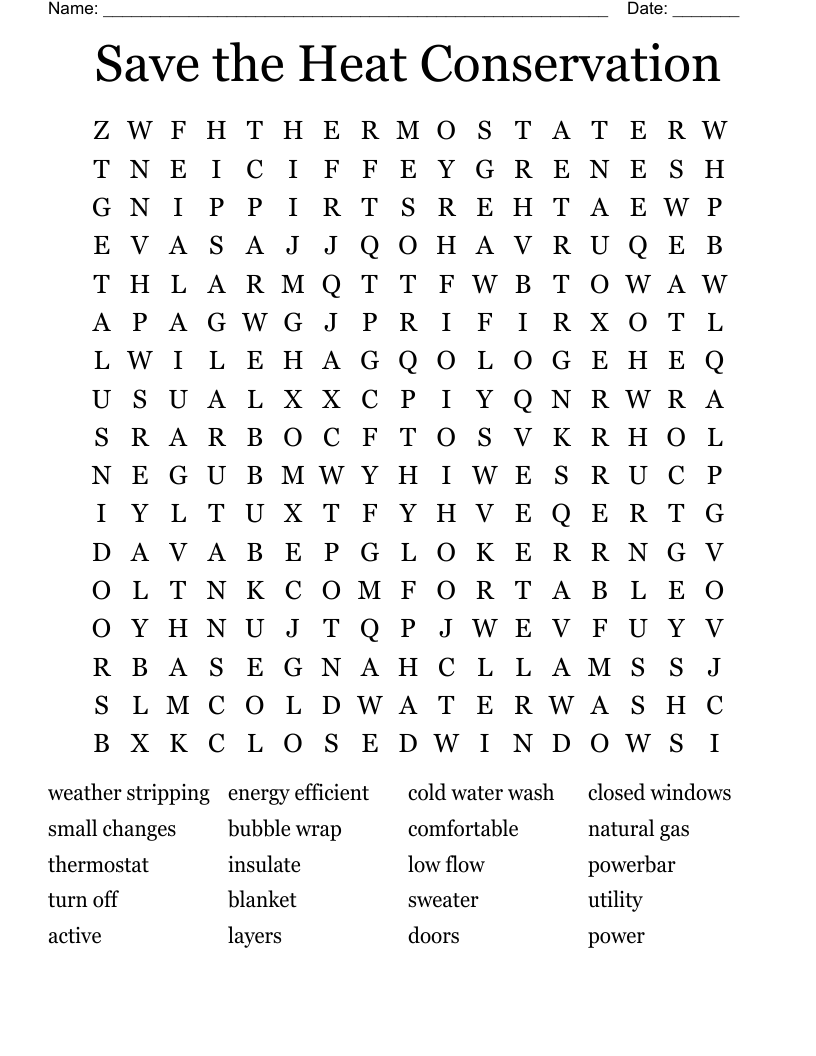 Save the Heat Conservation Word Search