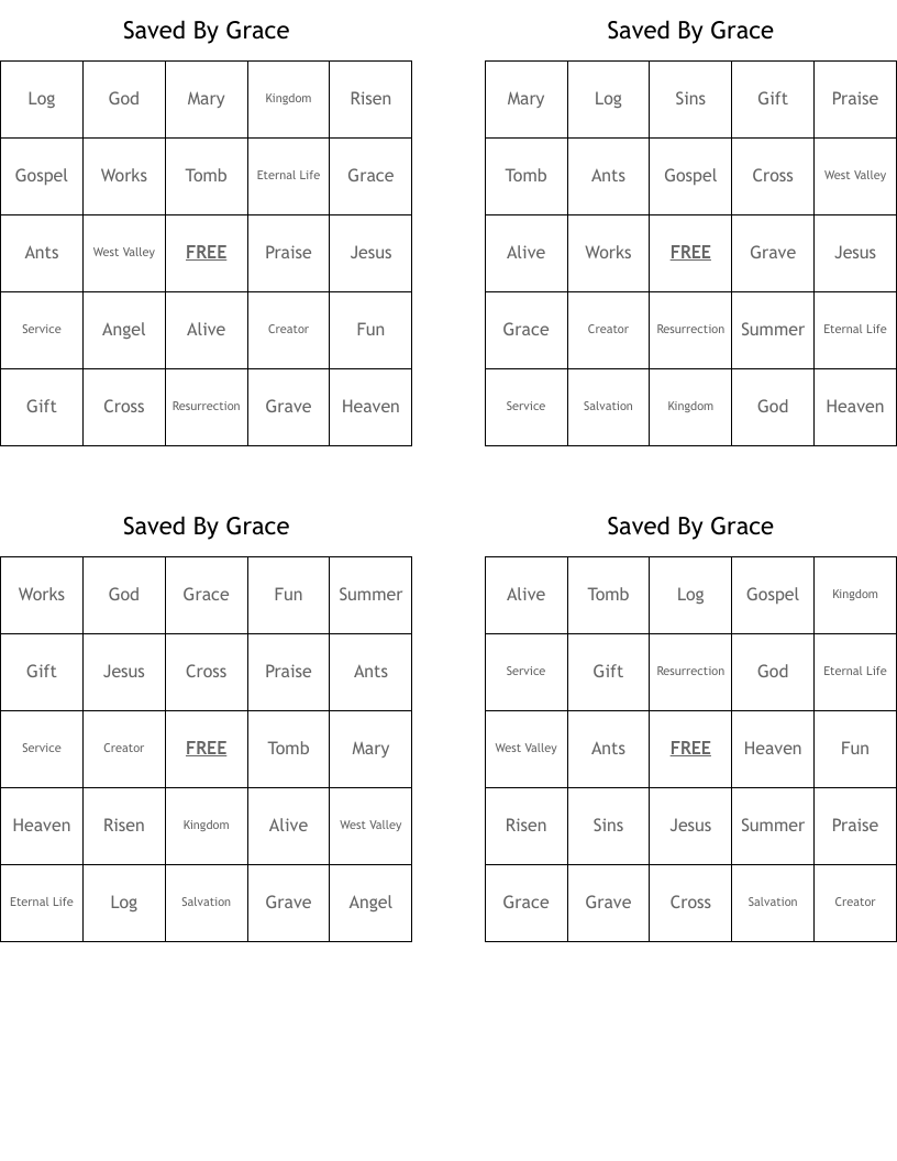 Saved By Grace Bingo Cards
