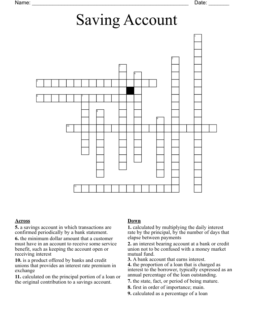 Saving Account Crossword