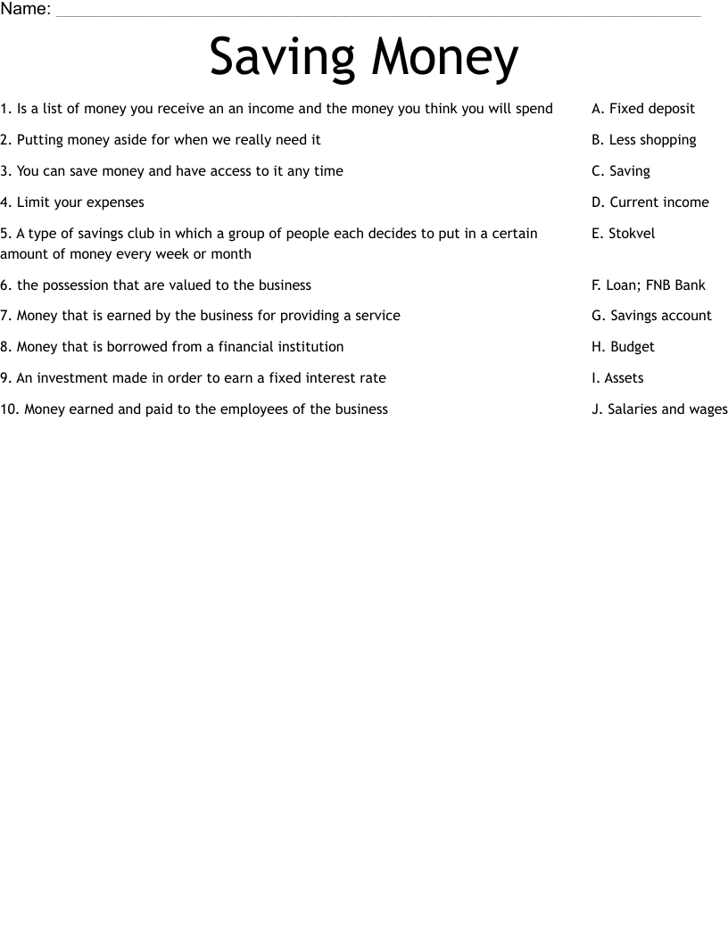 Saving Money Worksheet