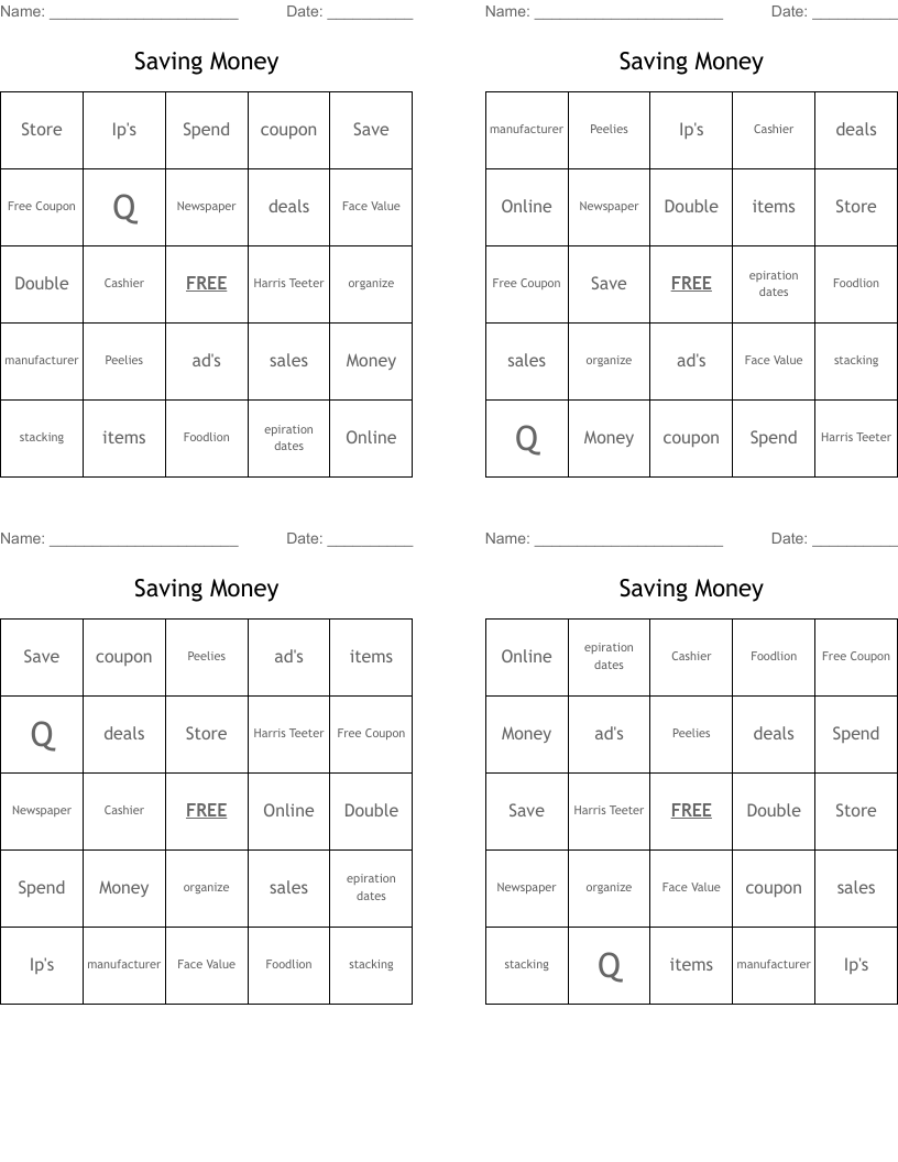 Saving Money Bingo Cards