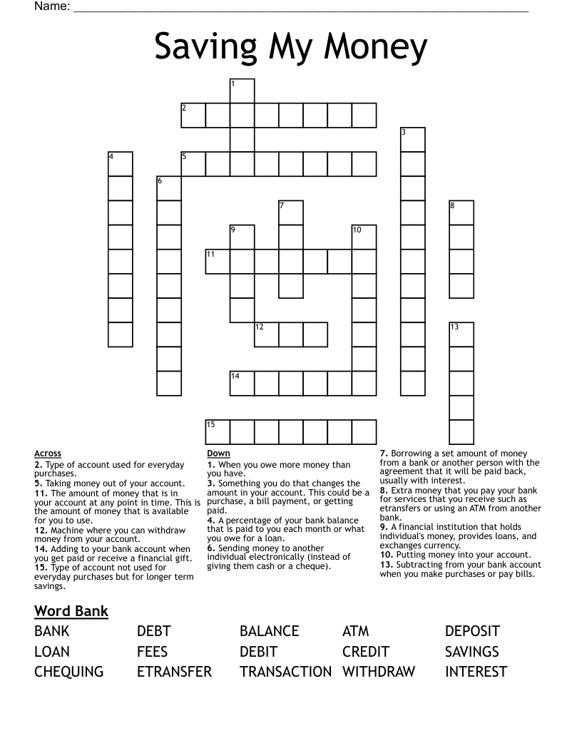 Saving My Money Crossword