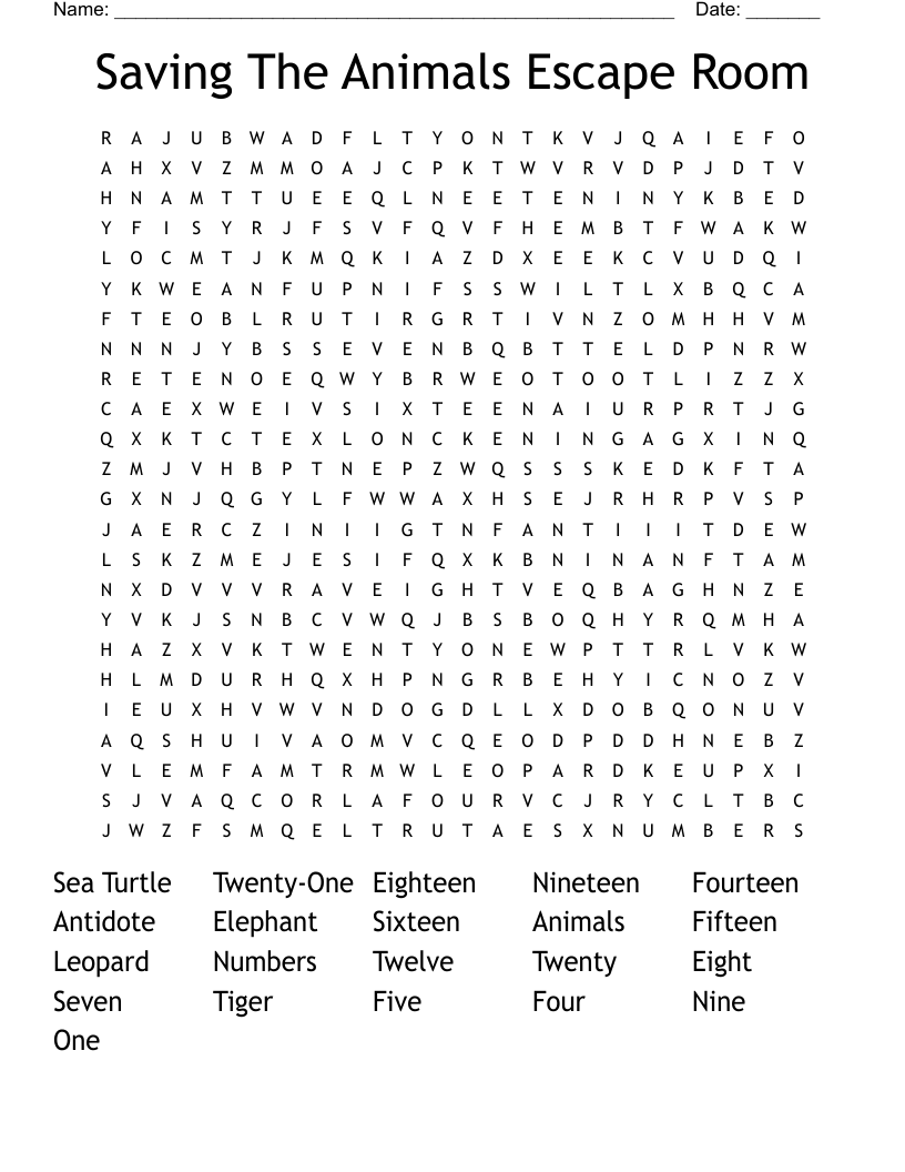 Saving The Animals Escape Room Word Search