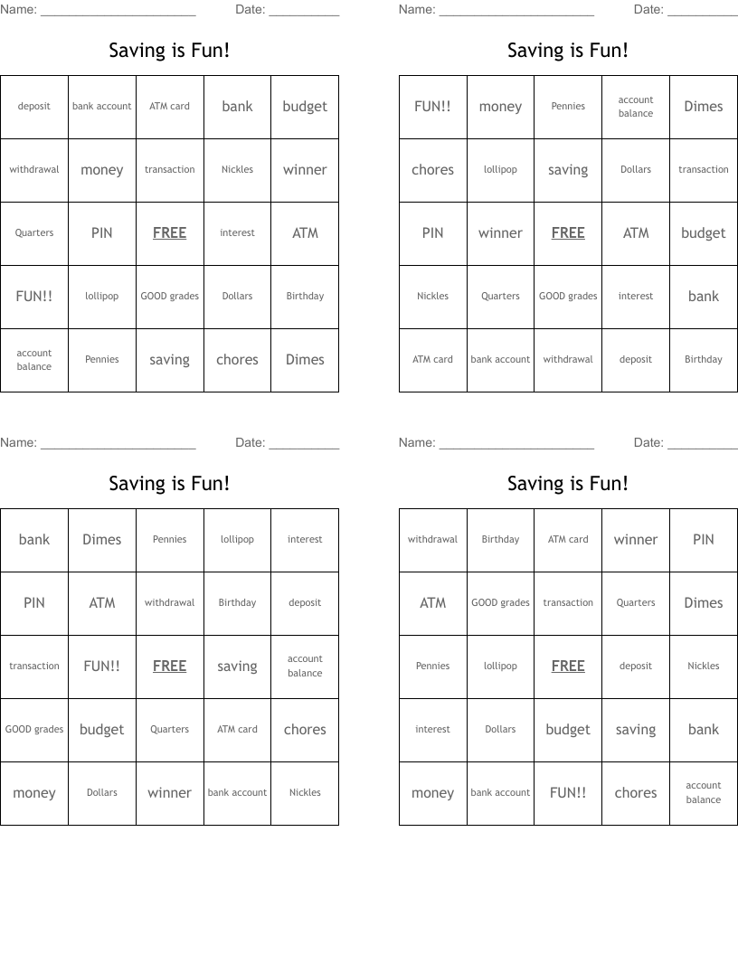 Saving is Fun! Bingo Cards
