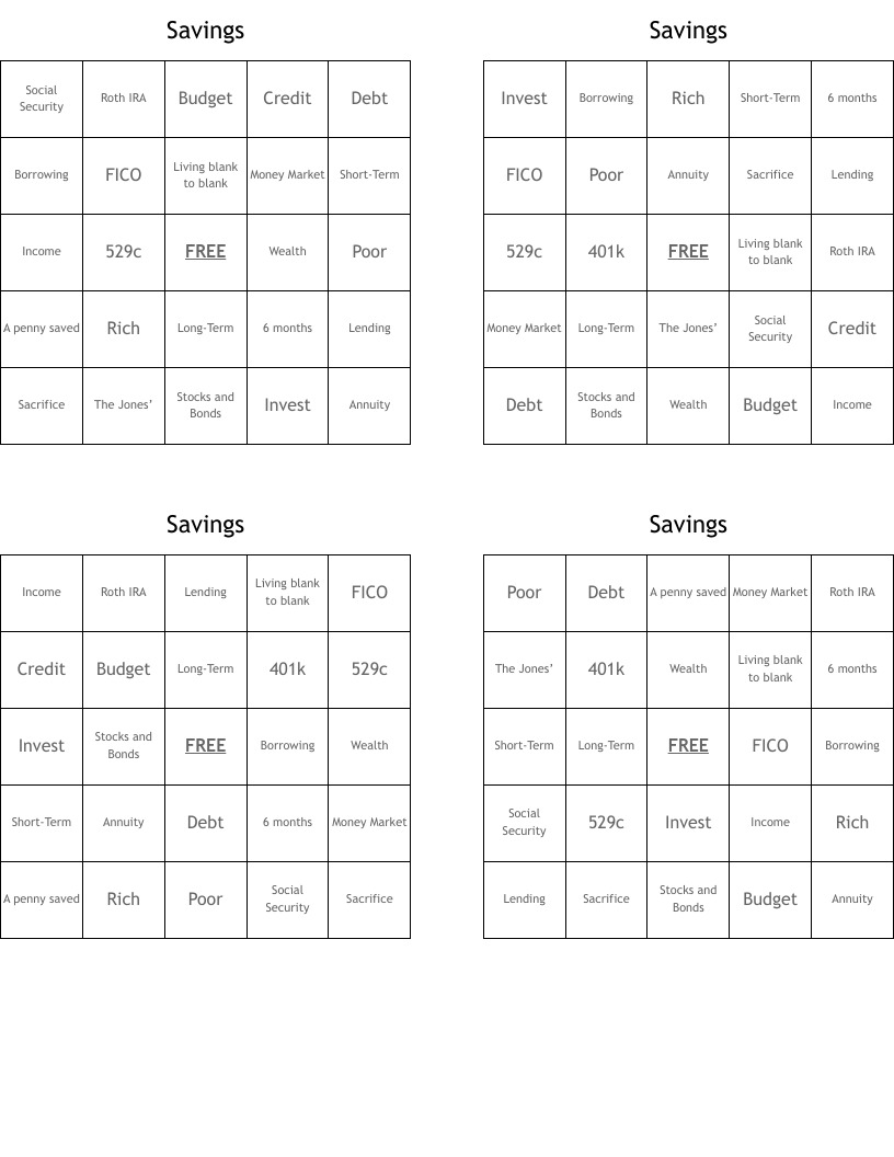 Savings Bingo Cards