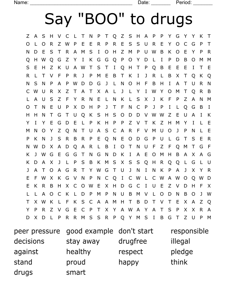 Say "BOO" to drugs Word Search