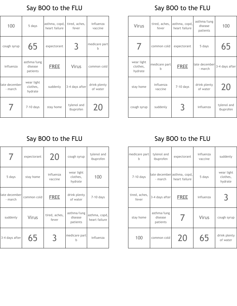 Say BOO to the FLU  Bingo Cards