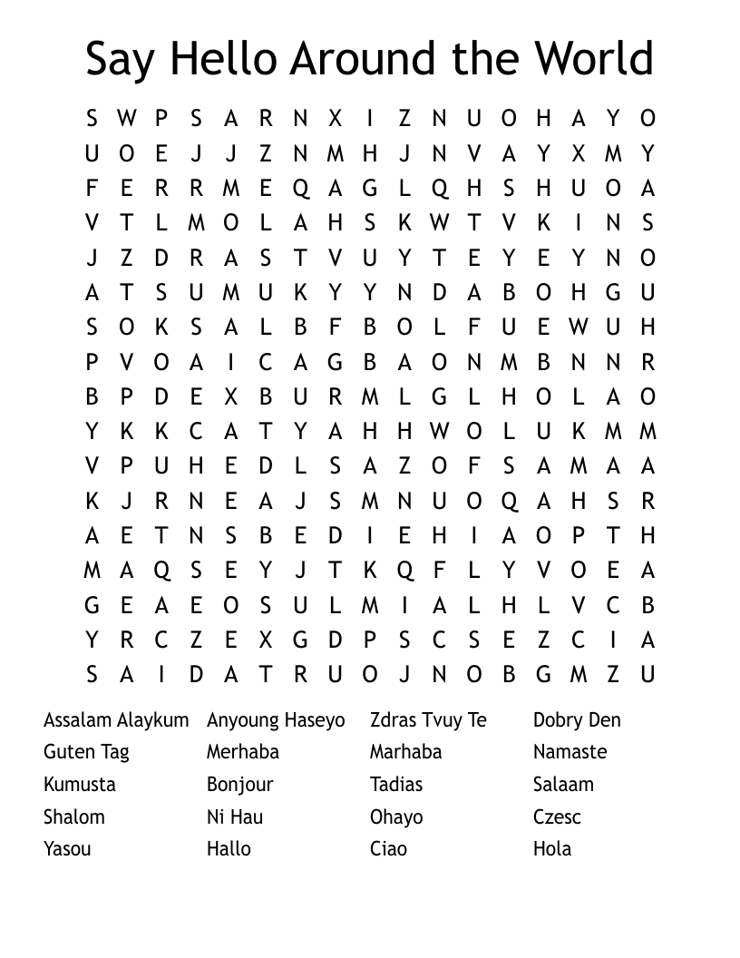Say Hello Around the World Word Search