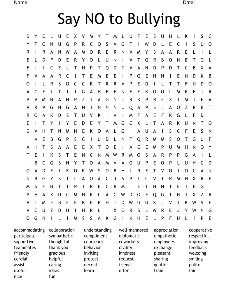 Say NO to Bullying Word Search