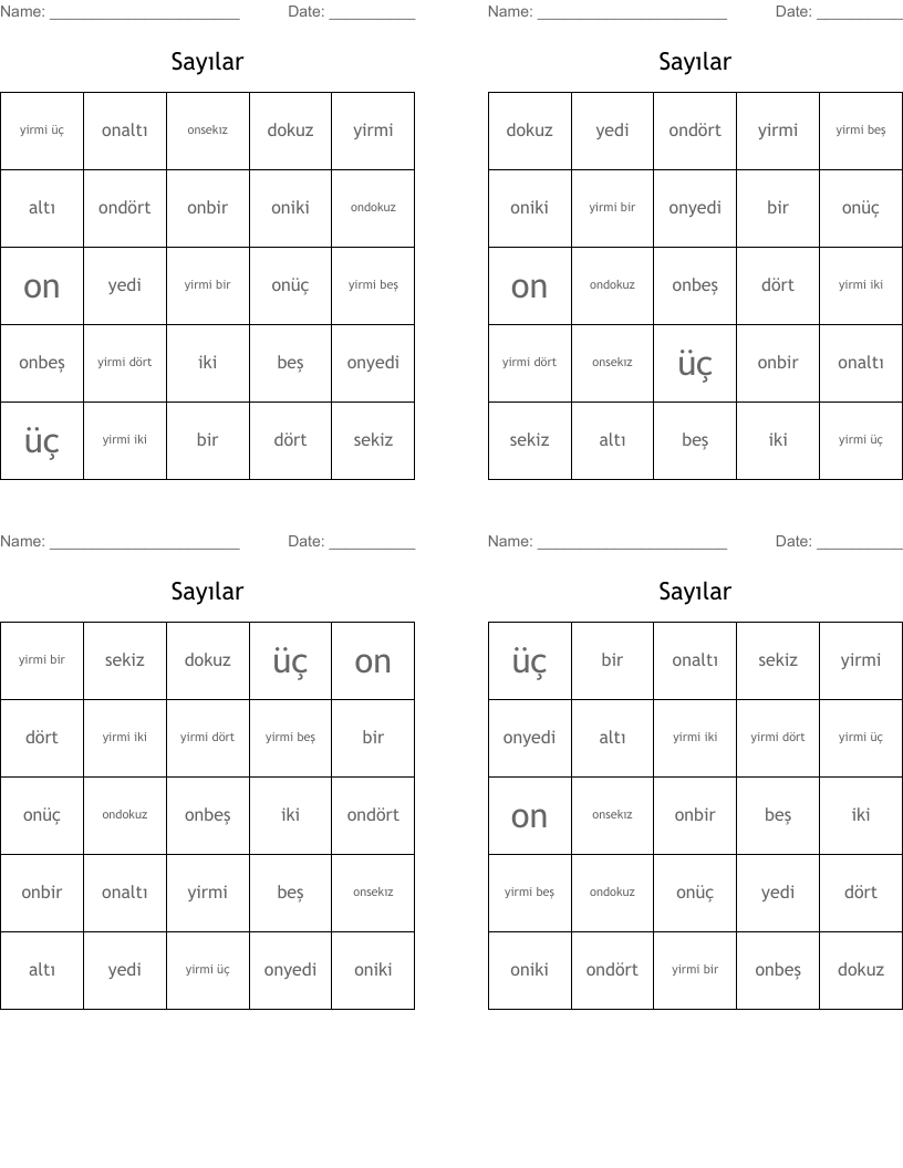 Sayılar Bingo Cards