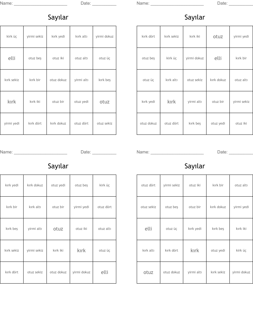 Sayılar  Bingo Cards