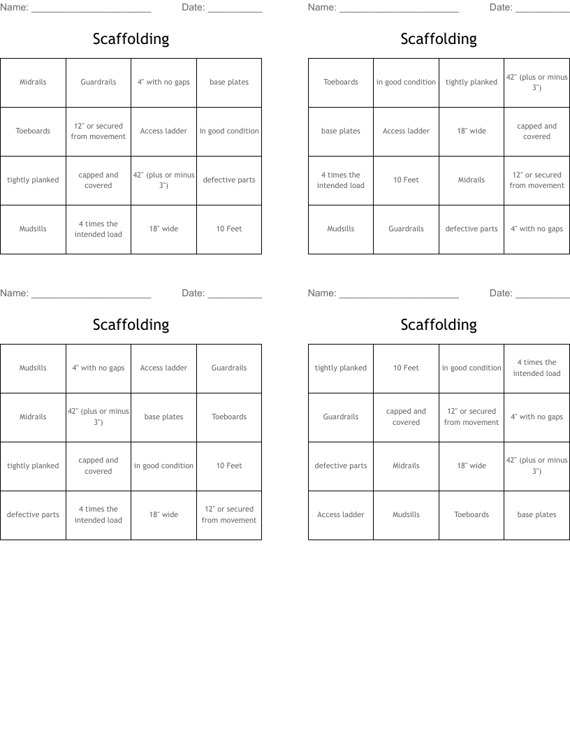 Scaffolding Bingo Cards